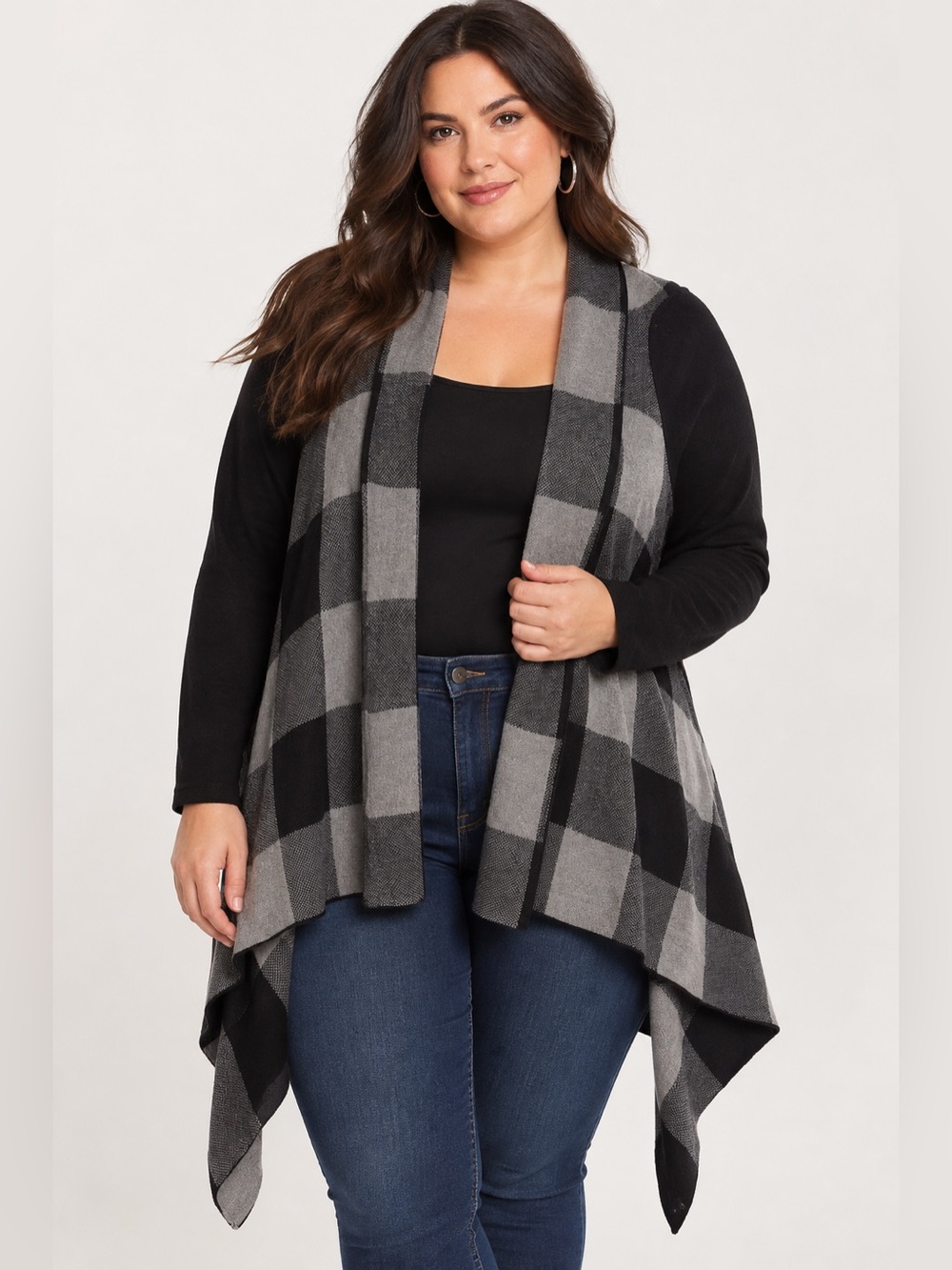 Torrid Size 0 Cardigan Black Gray Plaid Waterfall Open Front Plus Size Sweater